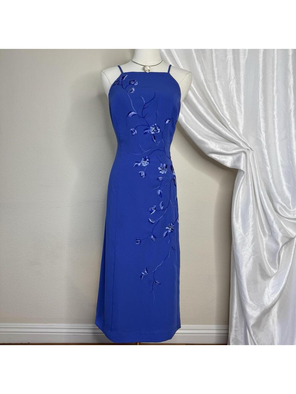 Vintage Midi Dress Size 12 Blue Floral Embroidered Sequin Halter Neck by Dusk
